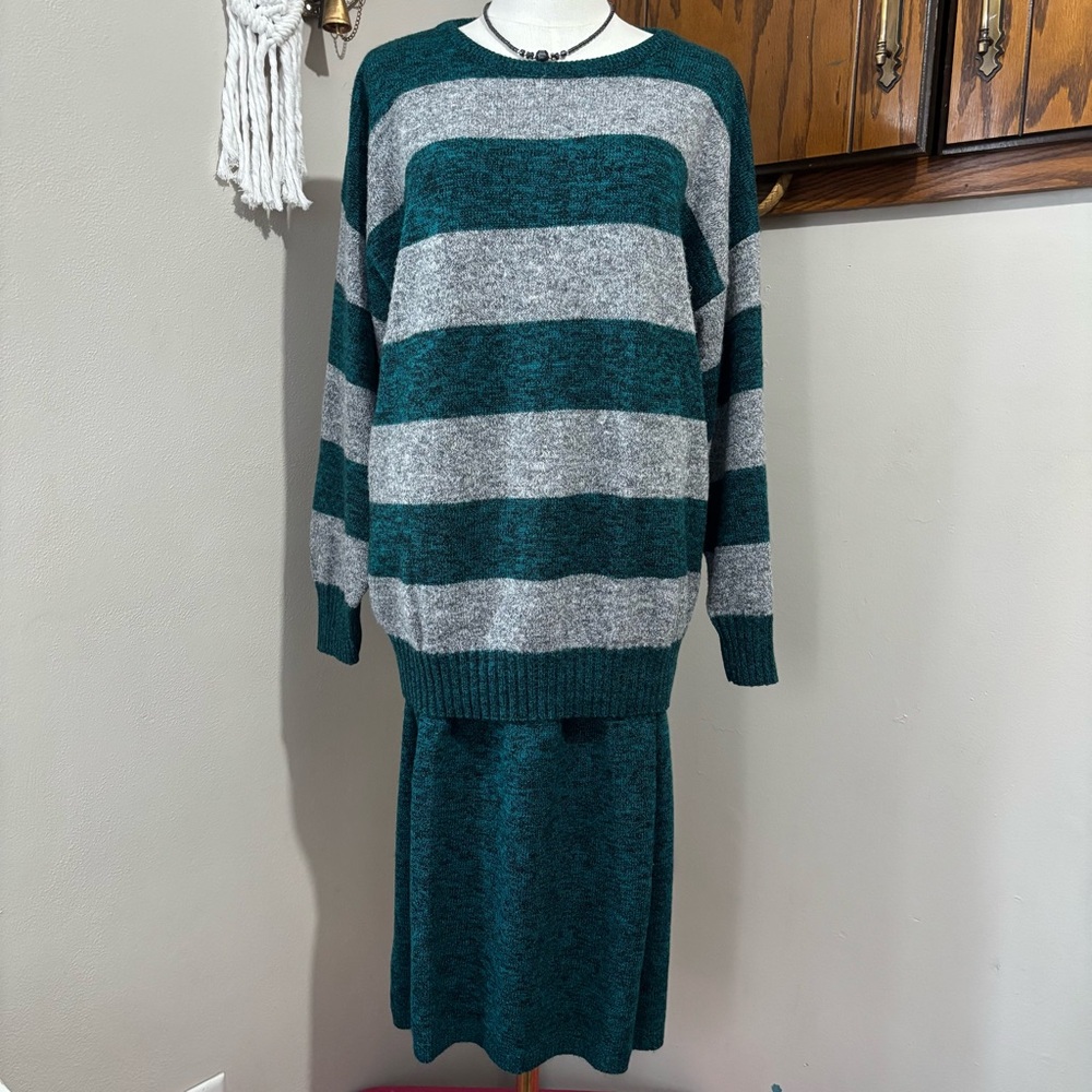 Vintage 90s Kate Collins Skirt Striped Dolman Sweater Size Medium 2pc Set - Picture 2 of 10